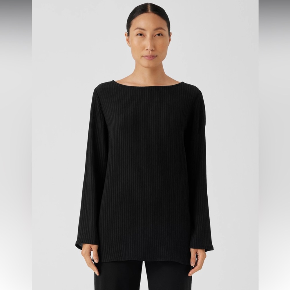 NWT EILEEN FISHER Black Accordion Silk Jacquard Bateau Neck Tunic Size Small